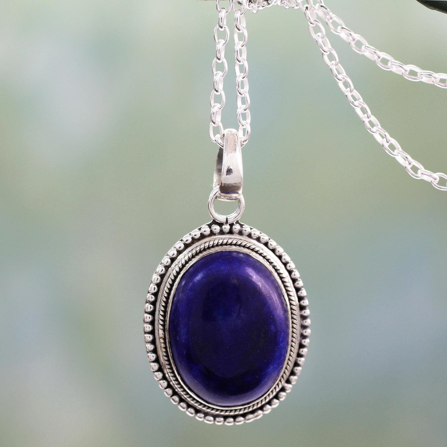 Lapis Lazuli & Sterling Silver Oval Pendant Necklace