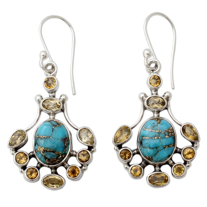 Droplets of Sunshine Sterling Silver Citrine Earrings with Composite Turquoise