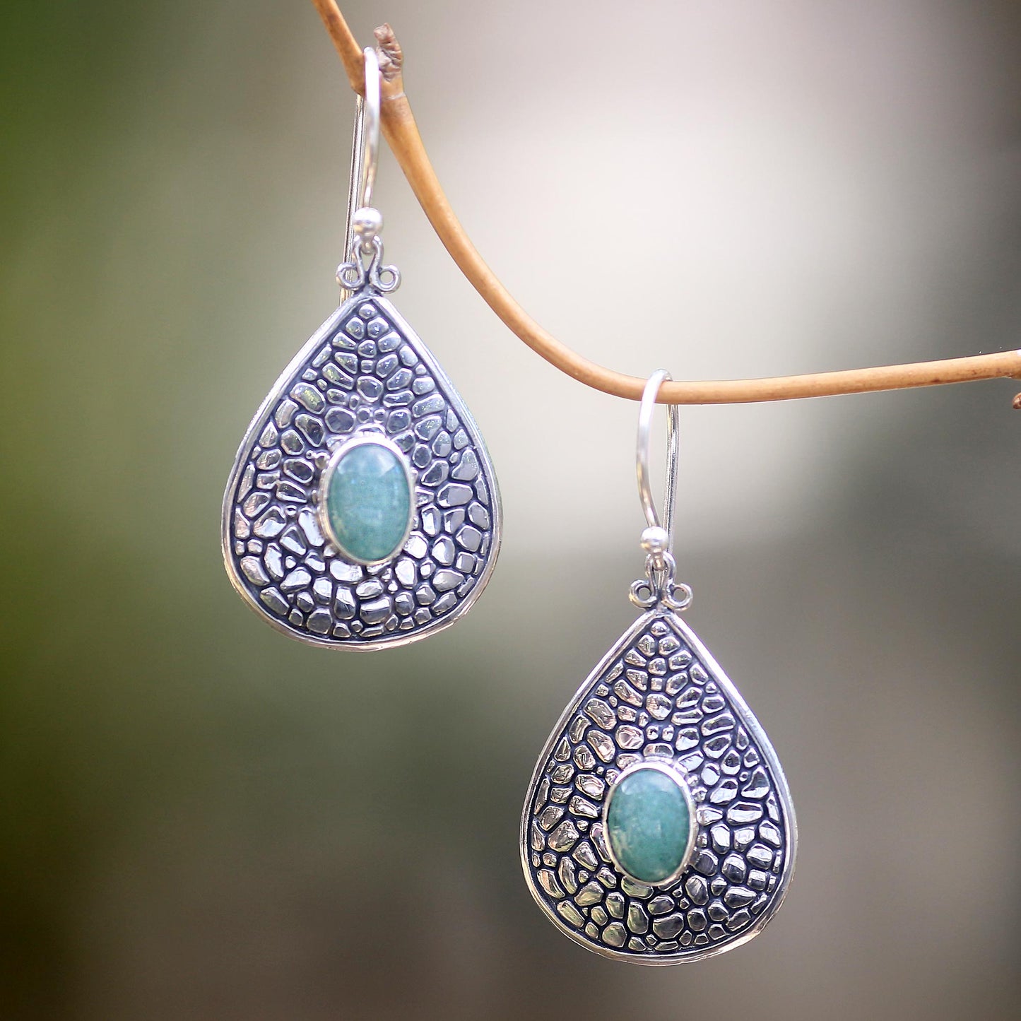 Sacred Lake Handcrafted Teardrop Silver Dangle Earrings with Aventurine