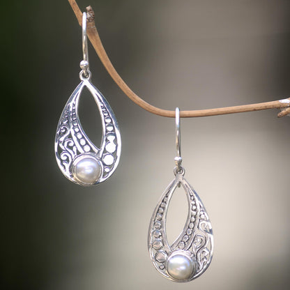 Sweet Forest Moonlight Sterling Silver Cultured Pearl Earrings with Cutout Motifs