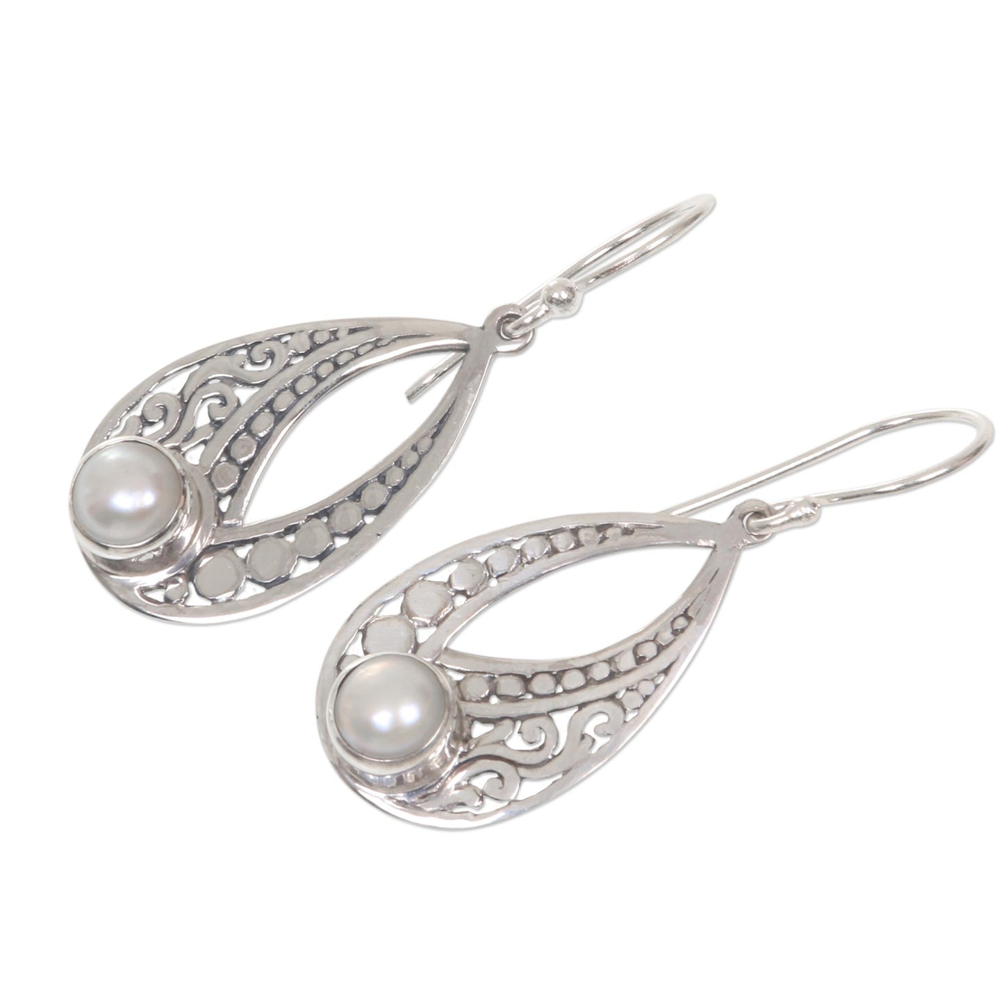 Sweet Forest Moonlight Sterling Silver Cultured Pearl Earrings with Cutout Motifs