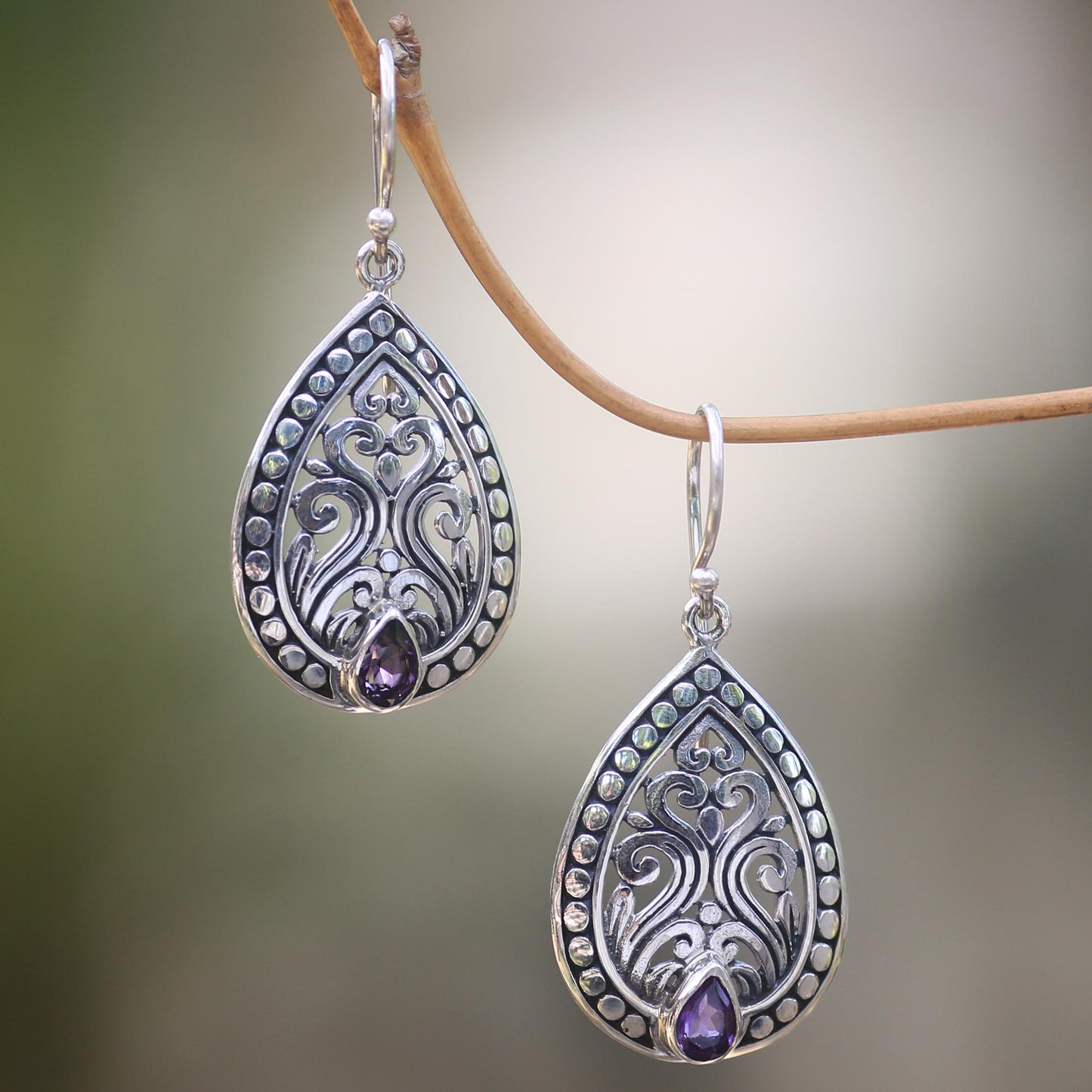 Temple in the Forest Balinese Sterling Silver Dangle Earrings with Amethyst