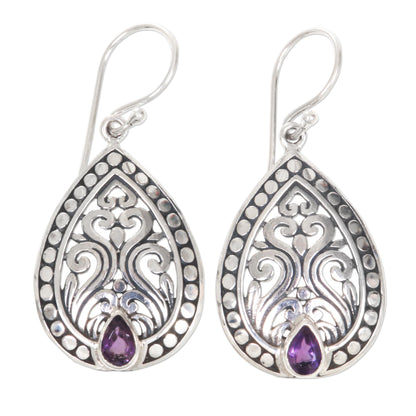 Temple in the Forest Balinese Sterling Silver Dangle Earrings with Amethyst