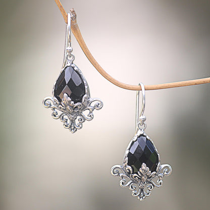 Maharani Sterling Silver Flower Hook Earrings with Faceted Onyx