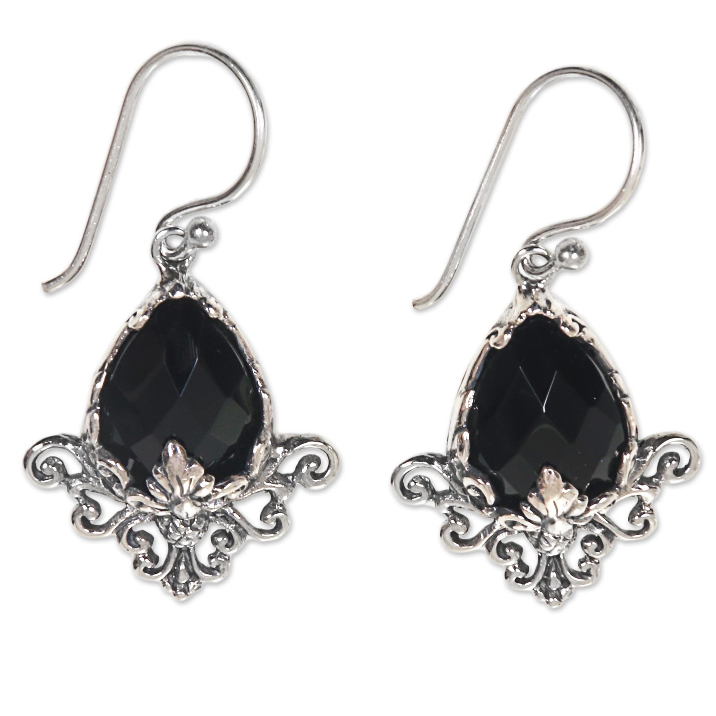 Maharani Sterling Silver Flower Hook Earrings with Faceted Onyx