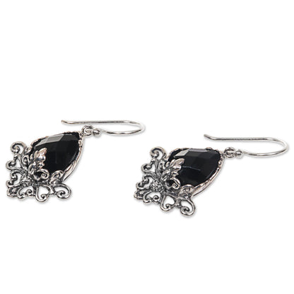 Maharani Sterling Silver Flower Hook Earrings with Faceted Onyx