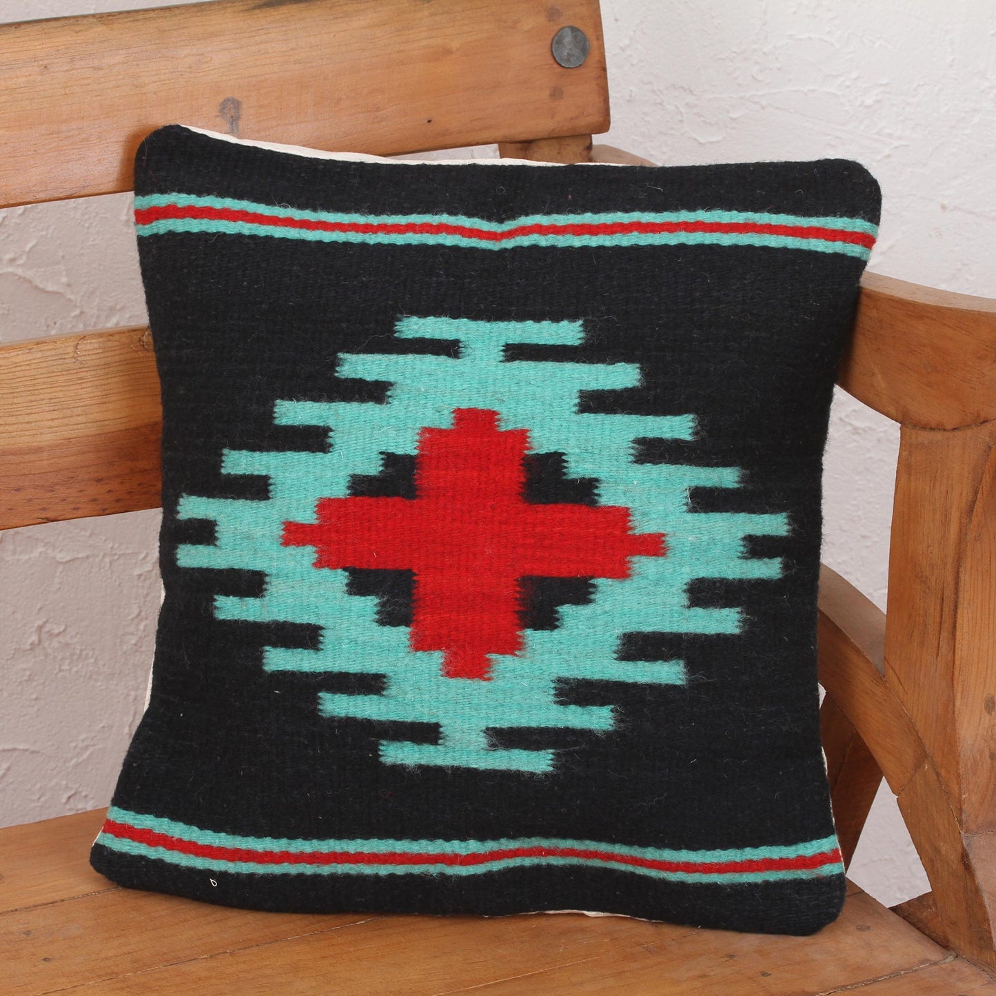 NOVICA  Blue and Red Geometric Wool Throw Pillow Cover, 'Red Oaxaca Star'