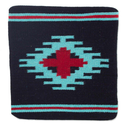 NOVICA  Blue and Red Geometric Wool Throw Pillow Cover, 'Red Oaxaca Star'