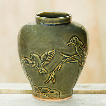 Hummingbirds and Bamboo Thai Hand Crafted Green Ceramic Vase with Bird Motif