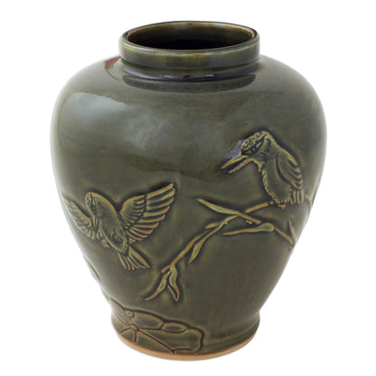 Hummingbirds and Bamboo Thai Hand Crafted Green Ceramic Vase with Bird Motif