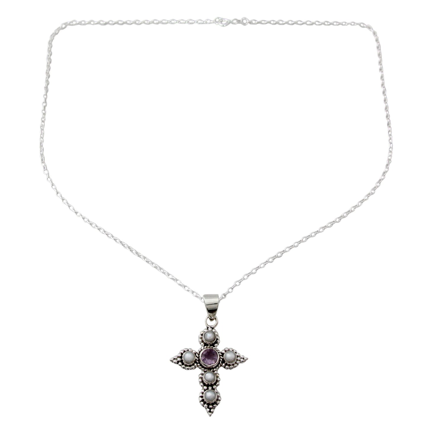 Harmony in White Cultured Pearl and Amethyst Necklace with Cross Pendant