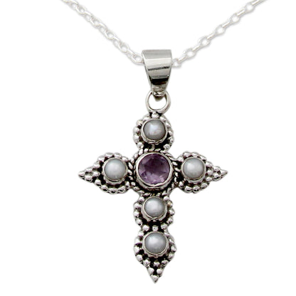 Harmony in White Cultured Pearl and Amethyst Necklace with Cross Pendant