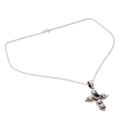 Harmony in White Cultured Pearl and Amethyst Necklace with Cross Pendant