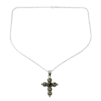 Divine Harmony Artisan Crafted Peridot and Sterling Silver Cross Necklace