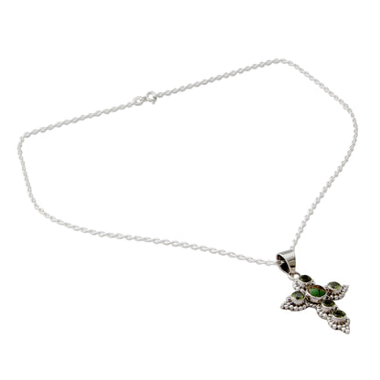 Divine Harmony Artisan Crafted Peridot and Sterling Silver Cross Necklace