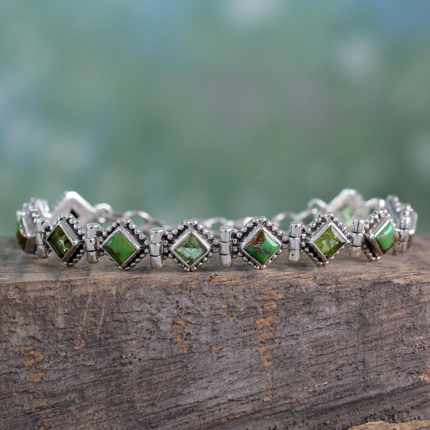 Bollywood Forest Peridot Turquoise & Silver Bracelet