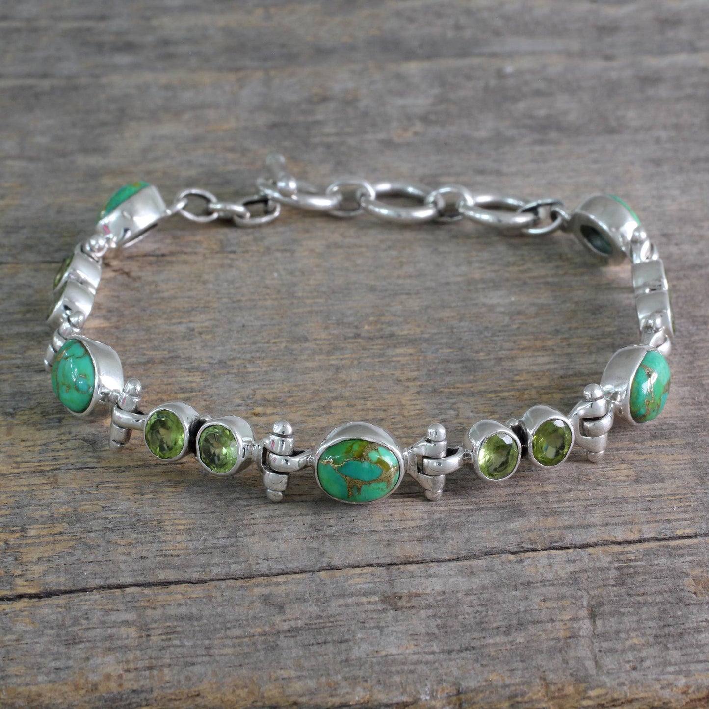 Green Glow Peridot and Reconstituted Turquoise Silver Link Bracelet