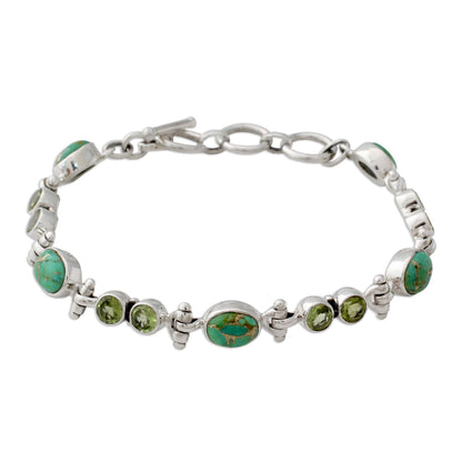 Green Glow Peridot and Reconstituted Turquoise Silver Link Bracelet