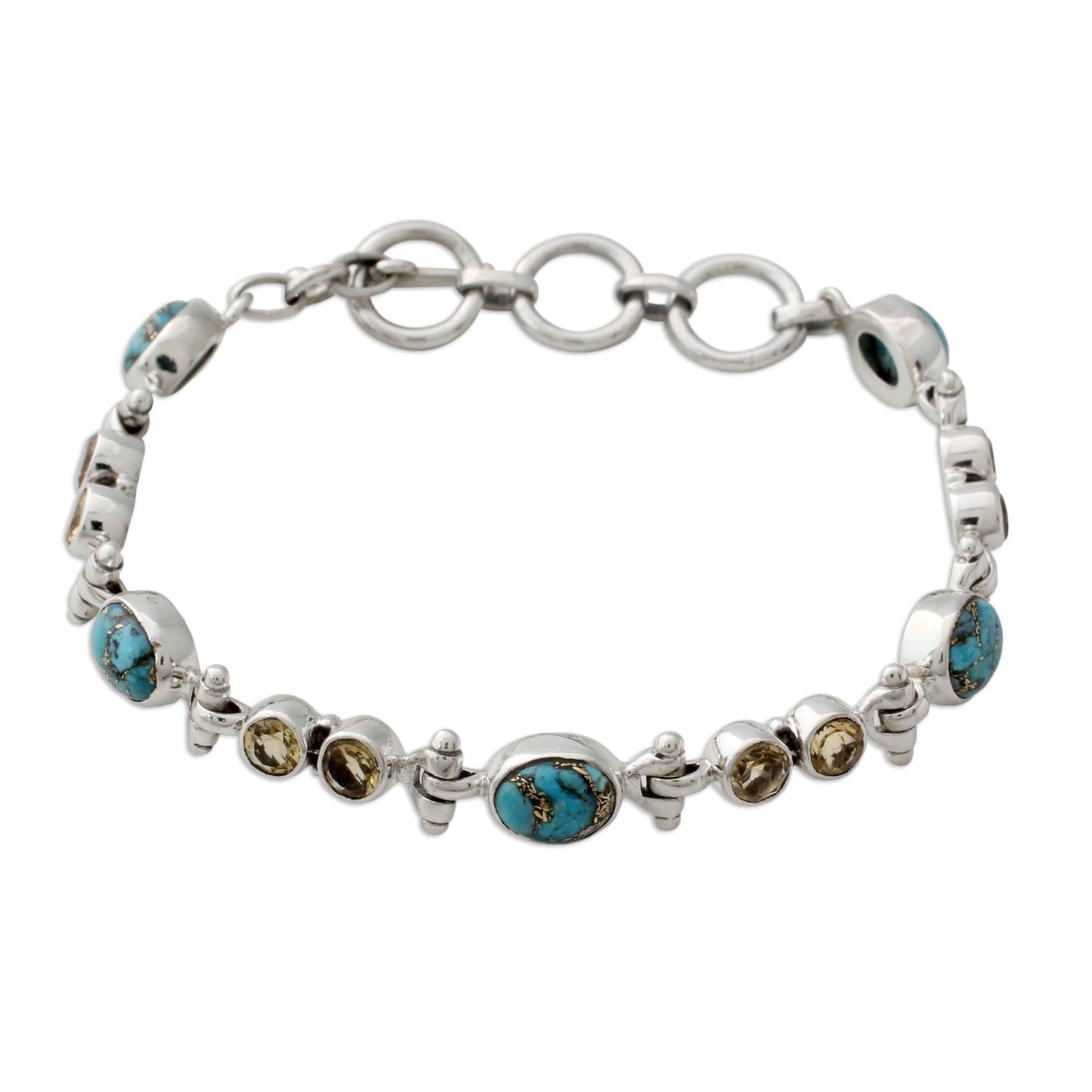 Sun and Earth Citrine and Reconstituted Turquoise Silver Link Bracelet