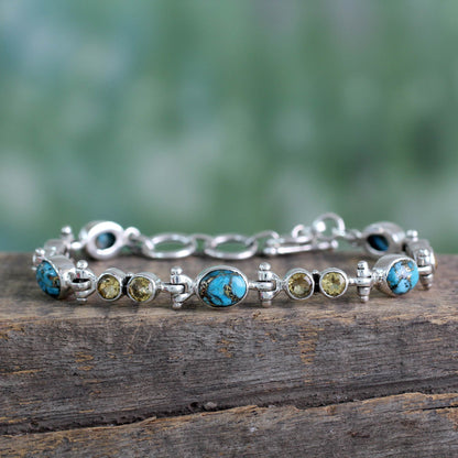 Sun and Earth Citrine and Reconstituted Turquoise Silver Link Bracelet