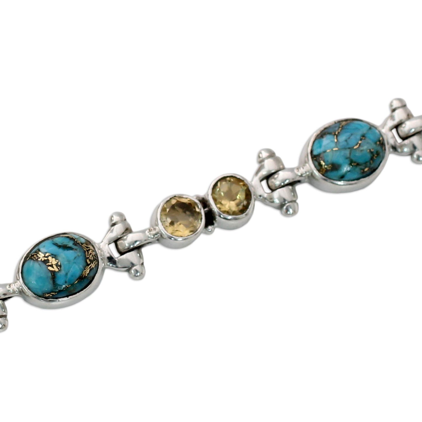 Sun and Earth Citrine and Reconstituted Turquoise Silver Link Bracelet