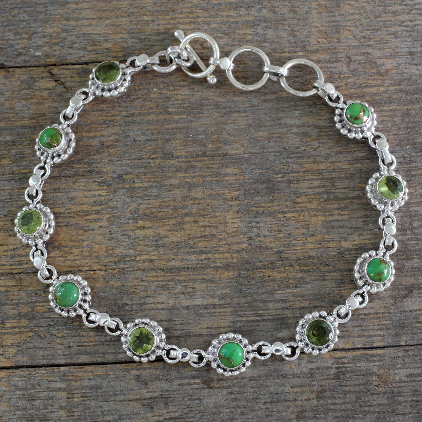 Petite Flowers Sterling Silver Peridot and Composite Turquoise Bracelet