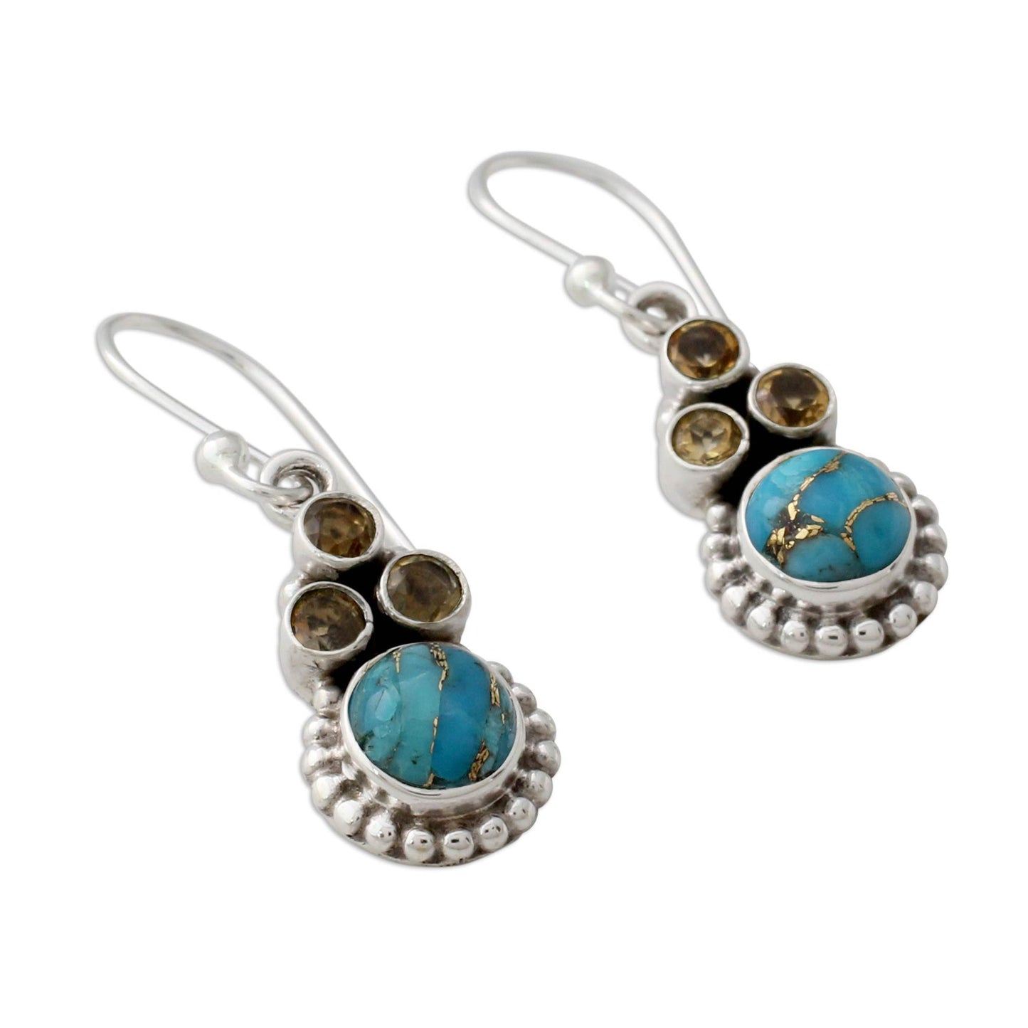 Petite Flowers Indian Sterling Silver Earrings with Citrine and Turquoise