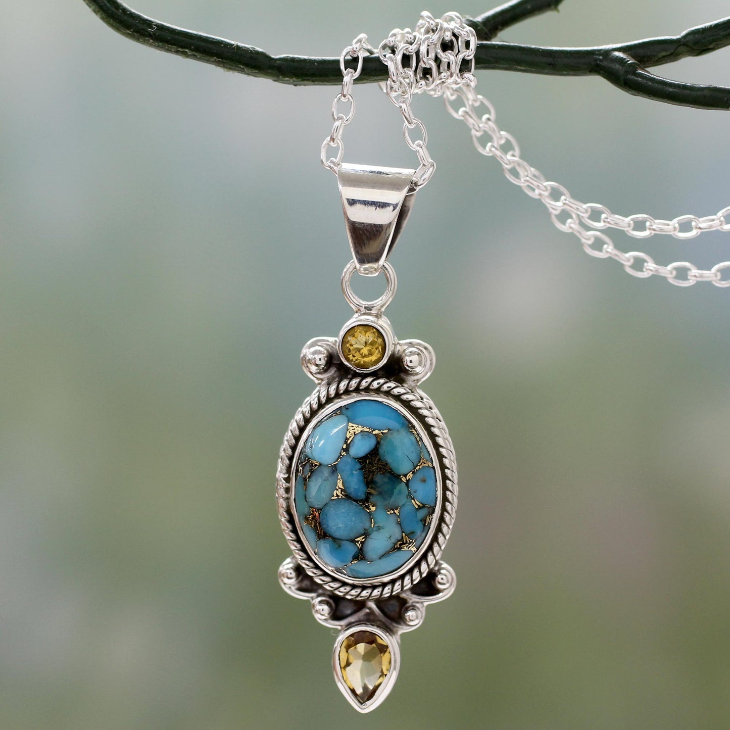 Resplendent in Blue Silver Pendant Necklace with Citrine and Composite Turquoise