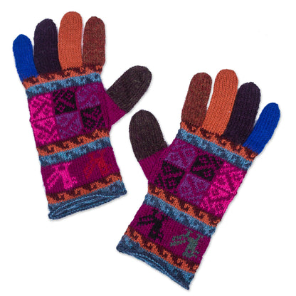 Peruvian Patchwork in Magenta Artisan Crafted 100% Alpaca Multi-Colored Gloves from Peru