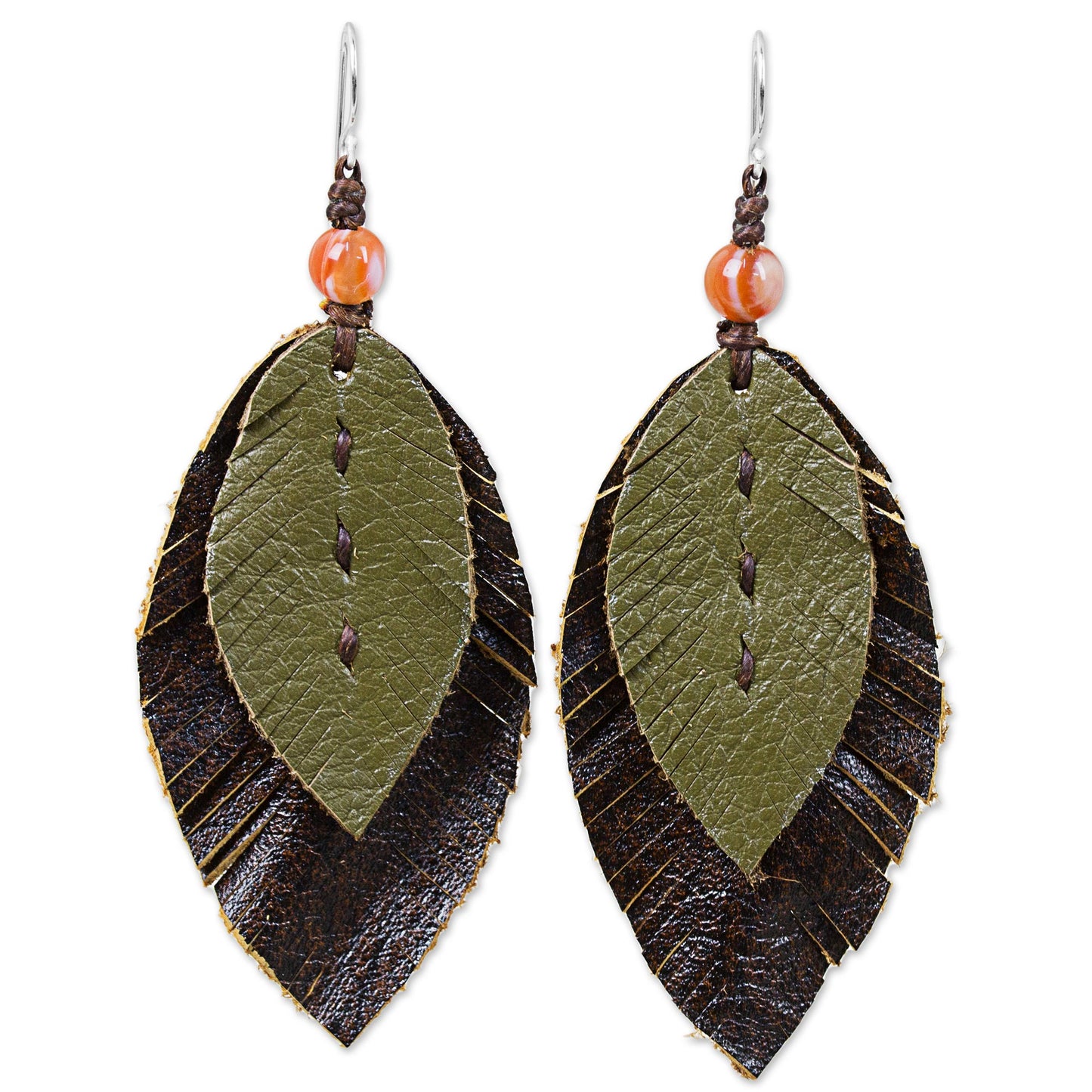 Leafy Traditions Artisan Crafted Carnelian and Leather Dangle Earrings