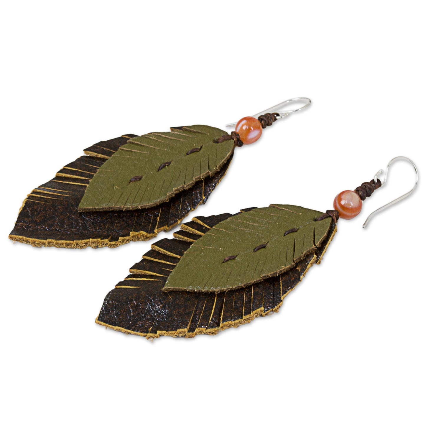 Leafy Traditions Artisan Crafted Carnelian and Leather Dangle Earrings