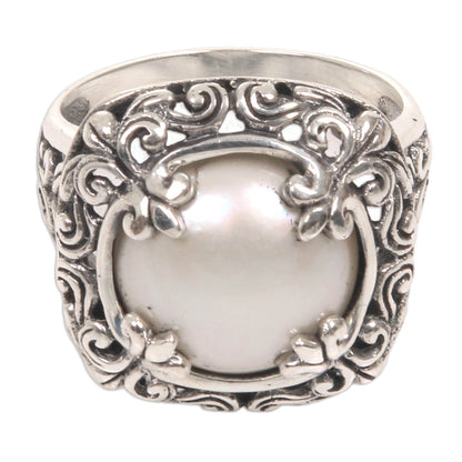 White Lunar Square Crown Pearl & Silver Cocktail Ring