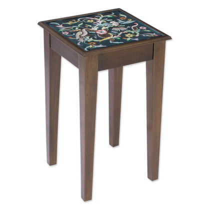 Birds in the Heavens Hand Painted Glass Top Wood Accent Table