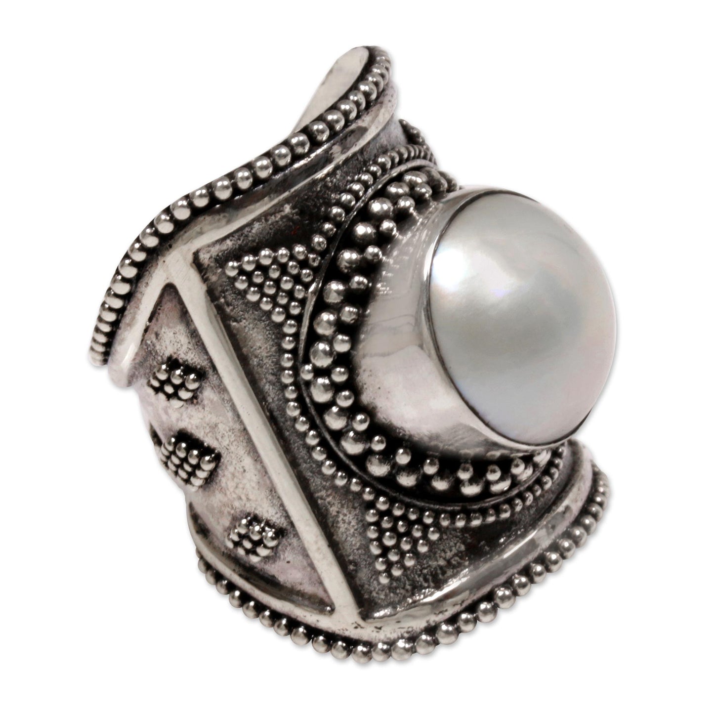 Glowing Heroine Wide Silver and Cultured Mabe Pearl Ring from Bali