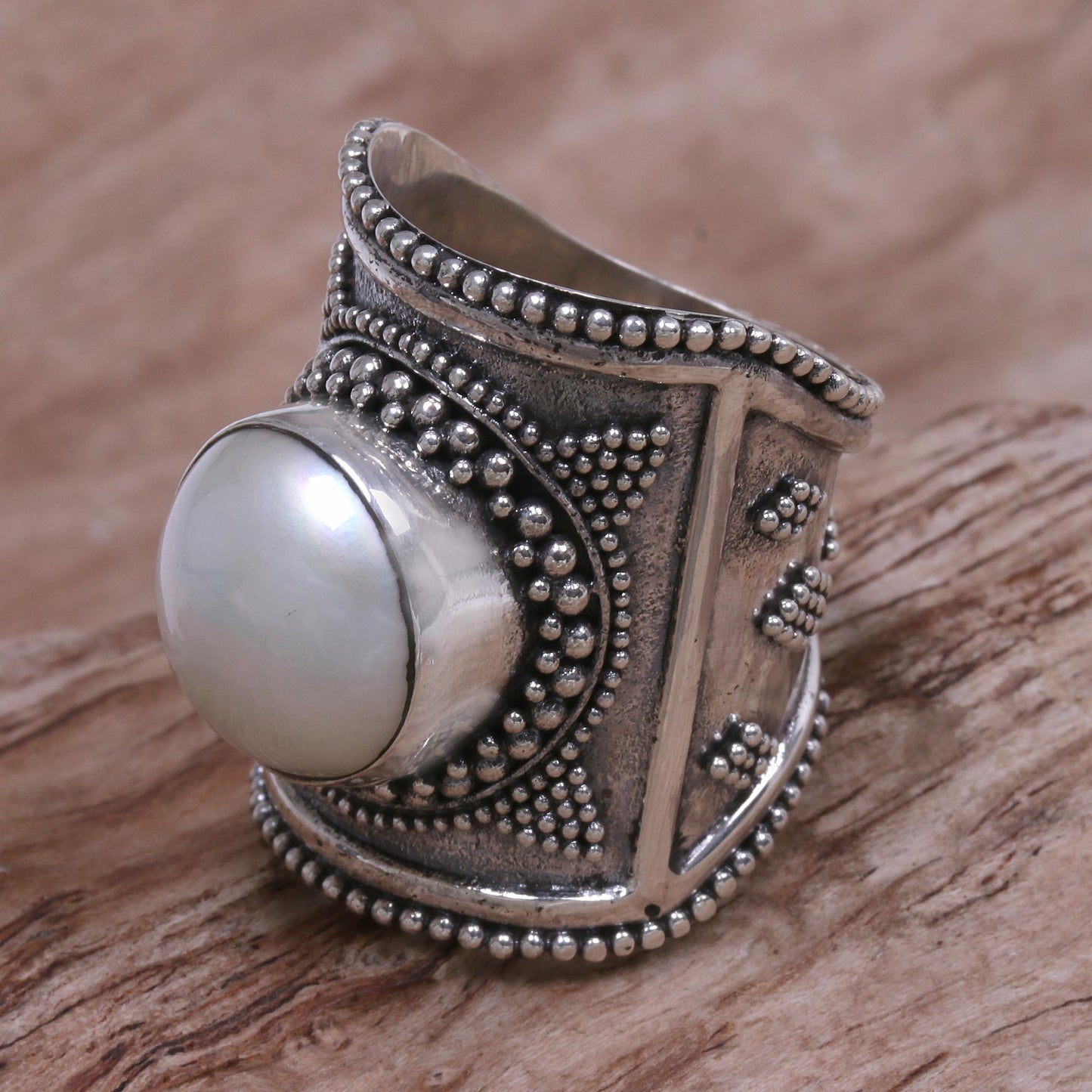 Glowing Heroine Wide Silver and Cultured Mabe Pearl Ring from Bali