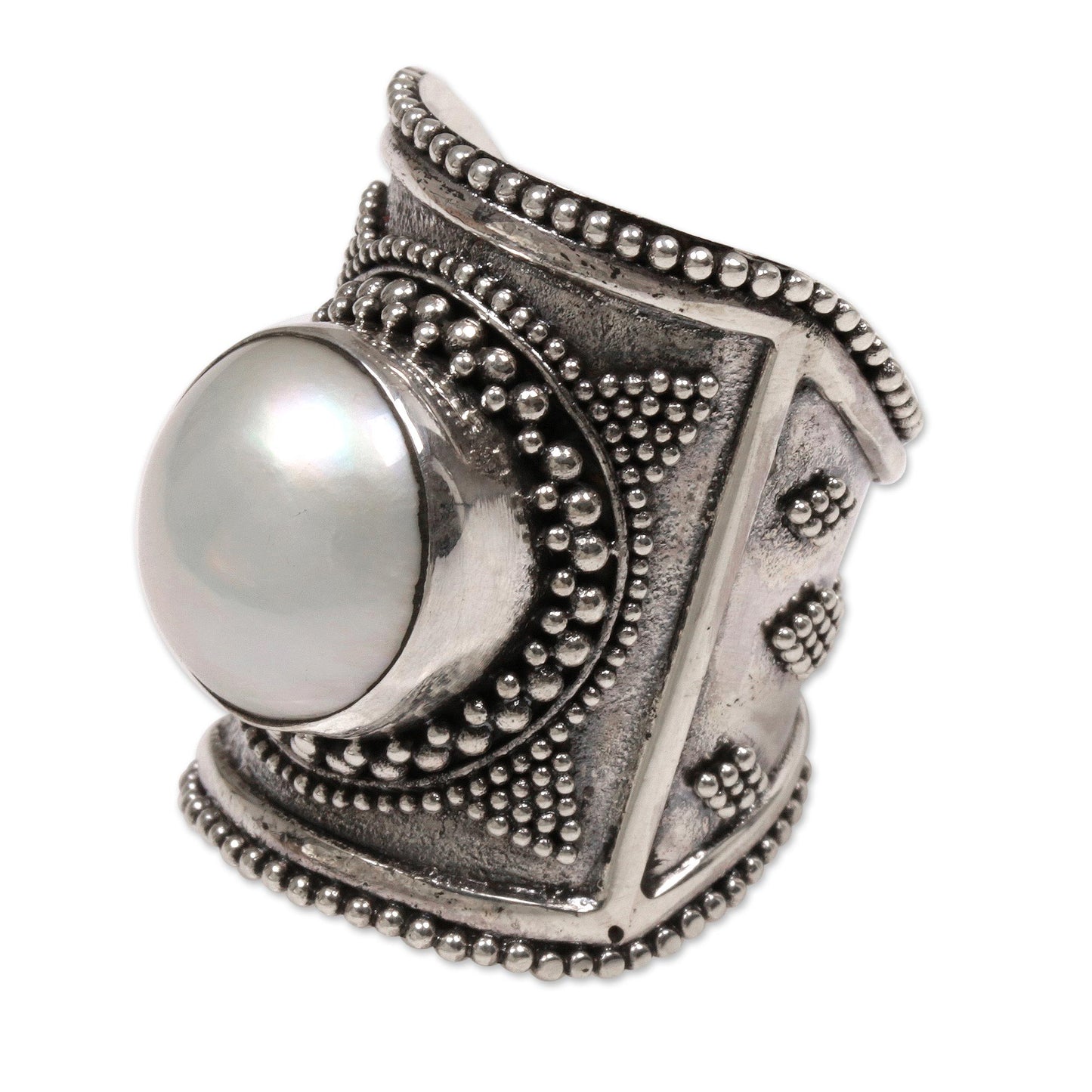 Glowing Heroine Wide Silver and Cultured Mabe Pearl Ring from Bali