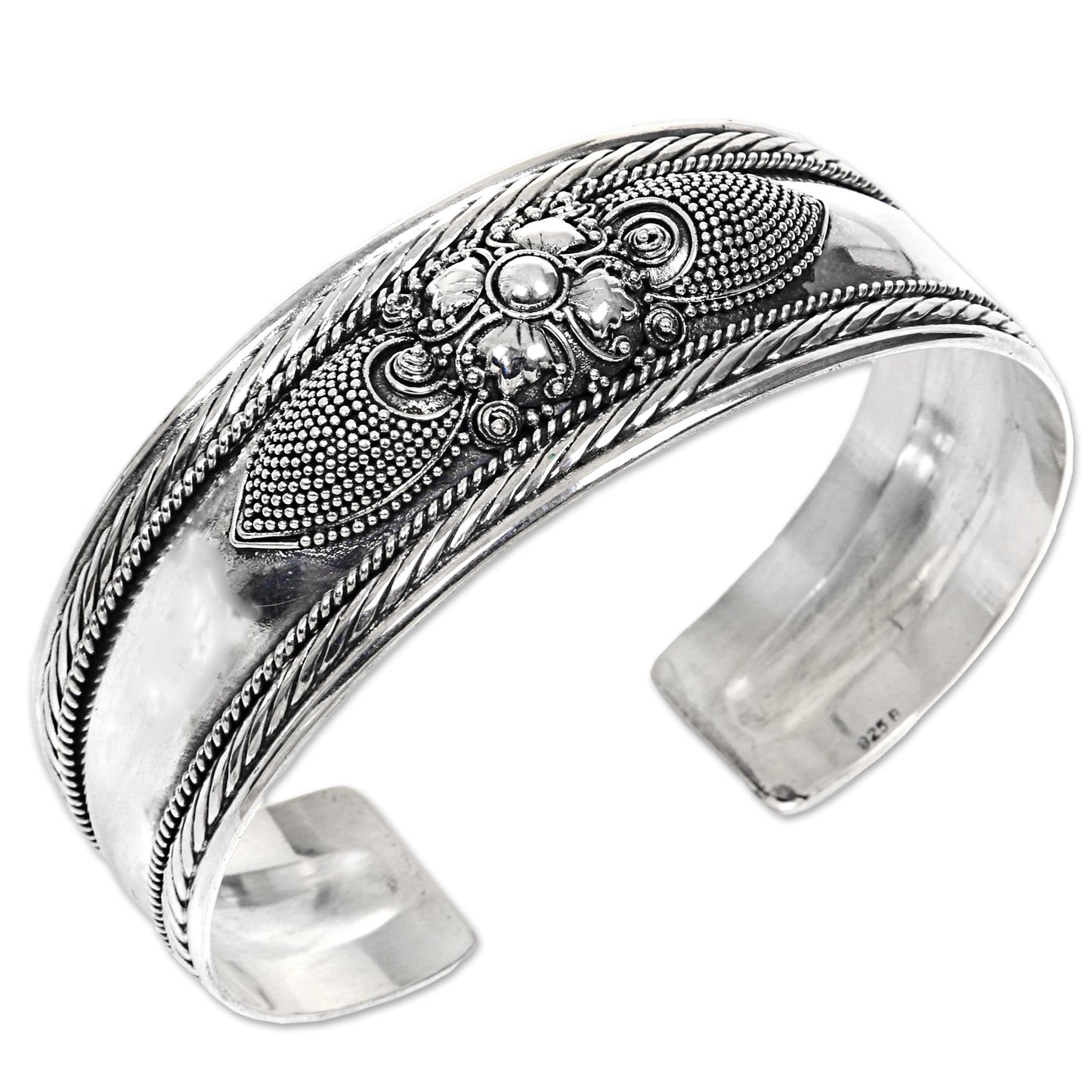 Elegant Blossom Sterling Silver Flower Cuff Bracelet Handmade in Indonesia