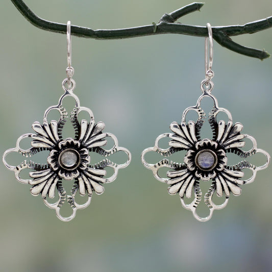 Fan Flowers Floral Silver Earrings with Rainbow Moonstone Gems