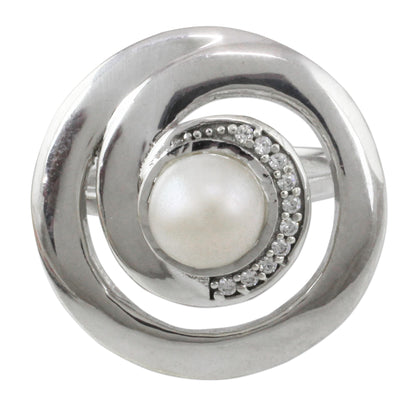 Peaceful Allure Contemporary Silver Cultured Pearl Ring with Cubic Zirconia