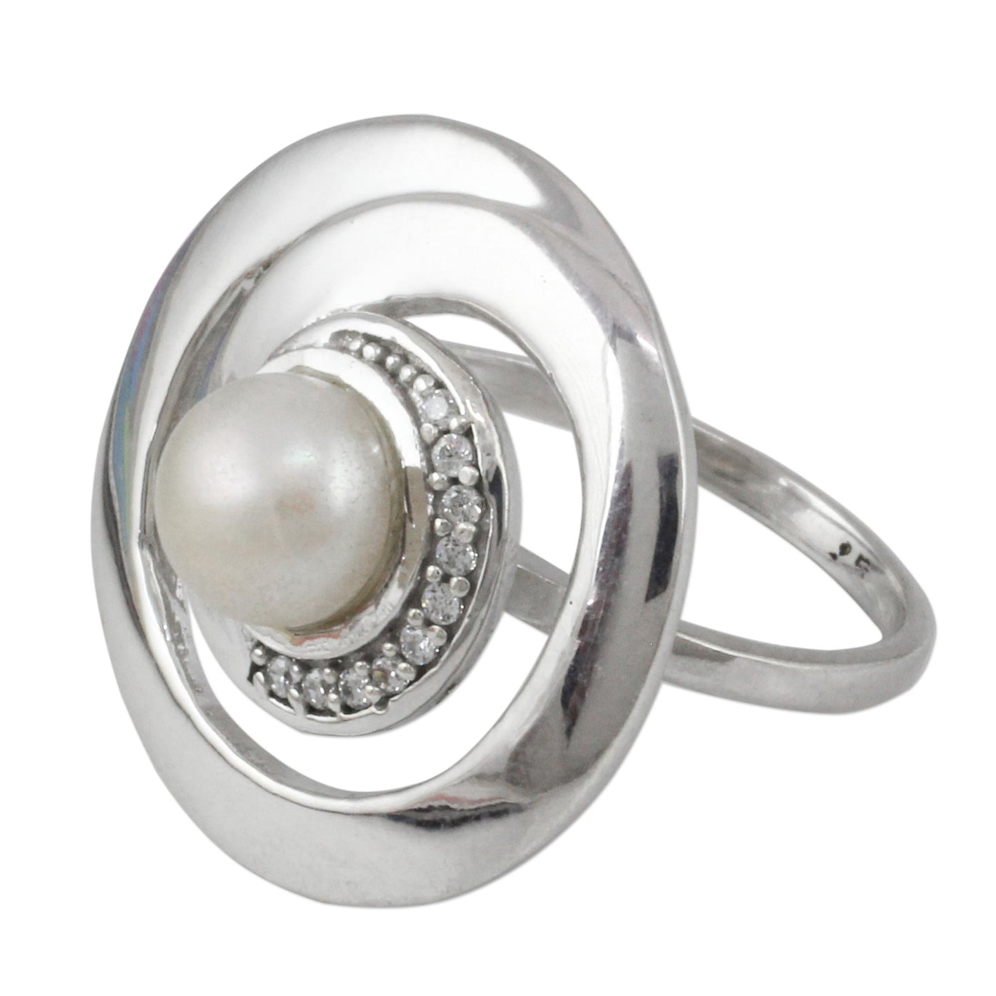 Peaceful Allure Contemporary Silver Cultured Pearl Ring with Cubic Zirconia