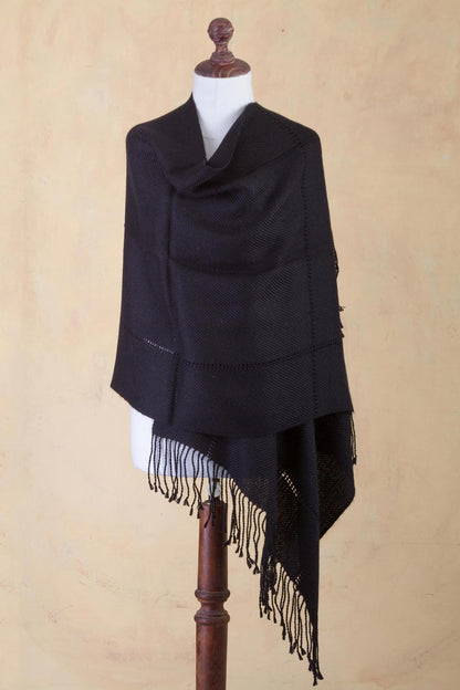 Timeless in Black Black Baby Alpaca Handwoven Peruvian Shawl