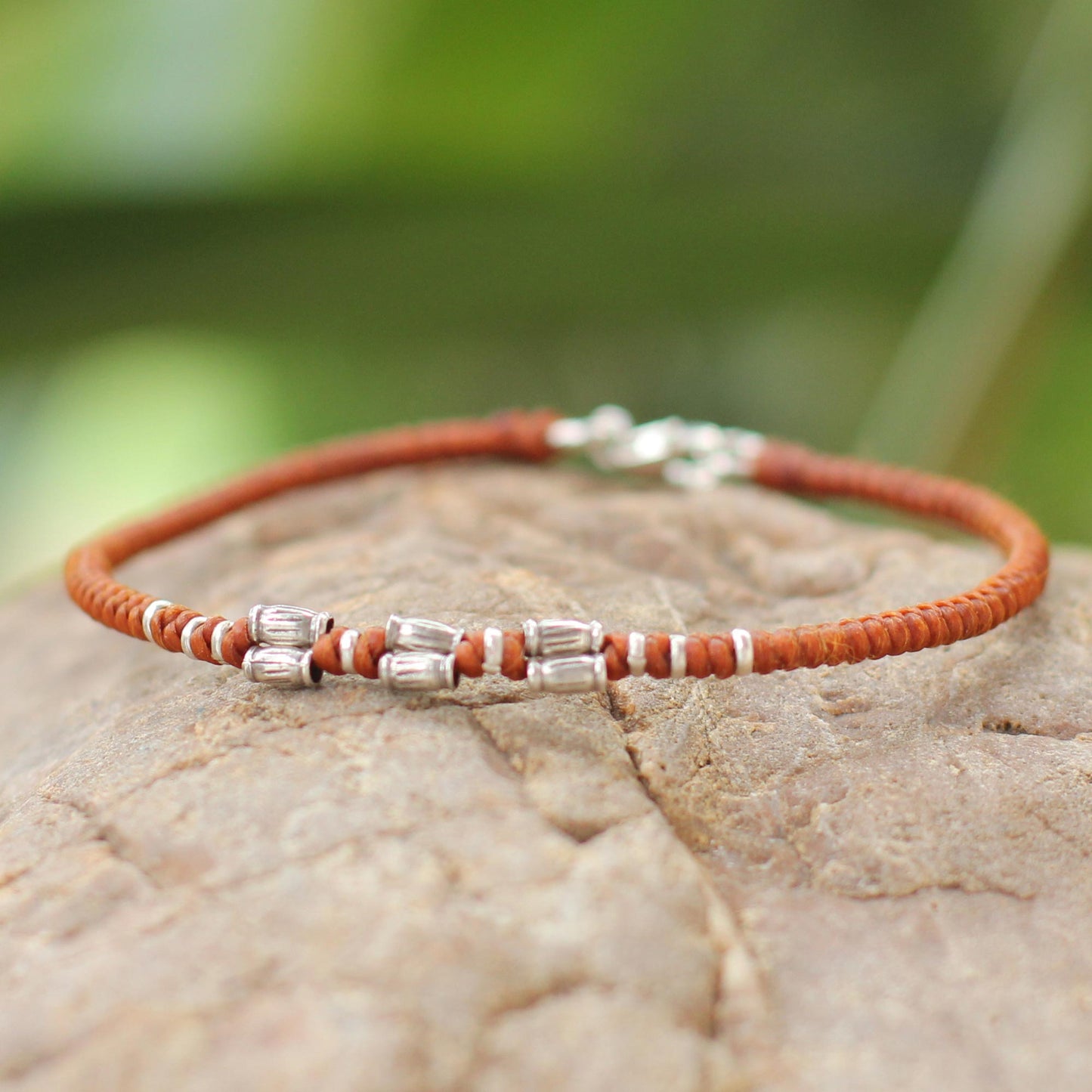 Bamboo Bracelet in Rust Sterling Silver Accent Wristband Bracelet from Thailand