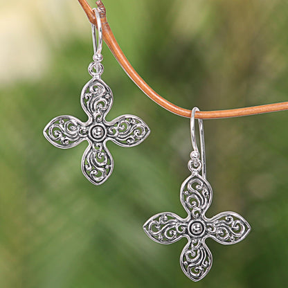 Melati Cross Handcrafted Floral Silver Cross Shaped Earrings from Bali