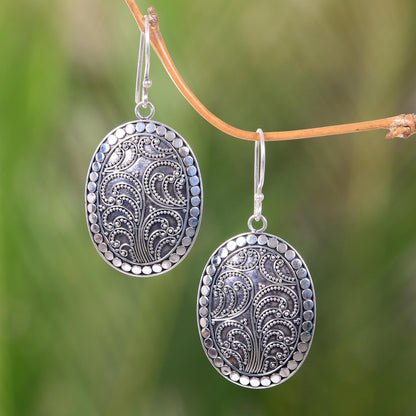 Fern Connections Handcrafted Sterling Silver Oval Dangle Earrings from Bali