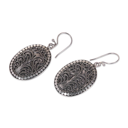 Fern Connections Handcrafted Sterling Silver Oval Dangle Earrings from Bali