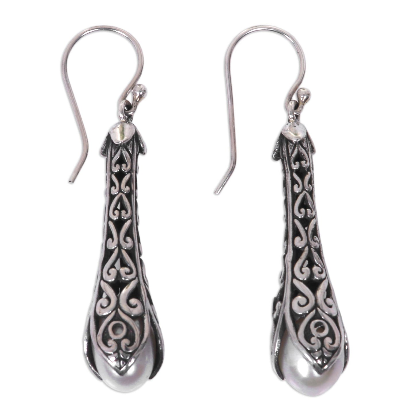 Clove Island Sterling Silver Tendrils and Cultured Pearl Earrings