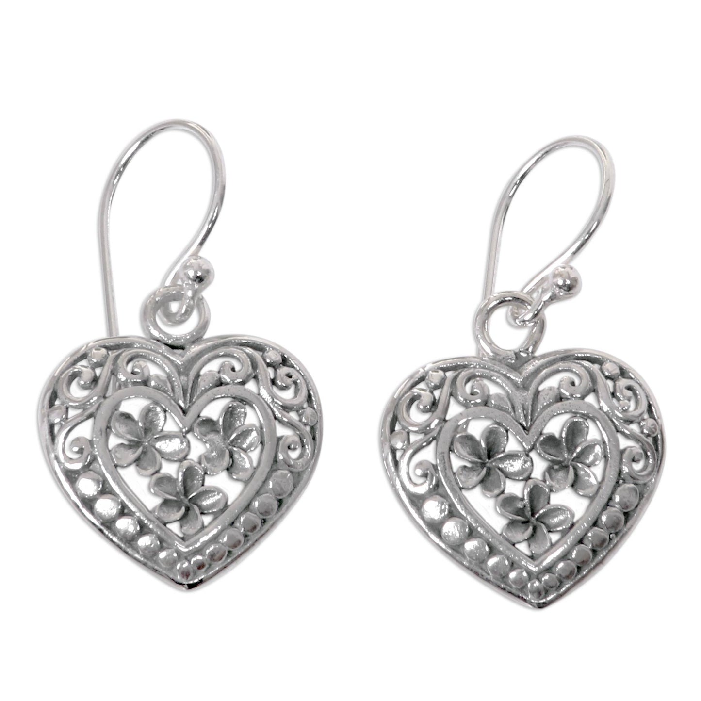 Romantic Frangipani Handcrafted Floral Heart Earrings in Sterling Silver