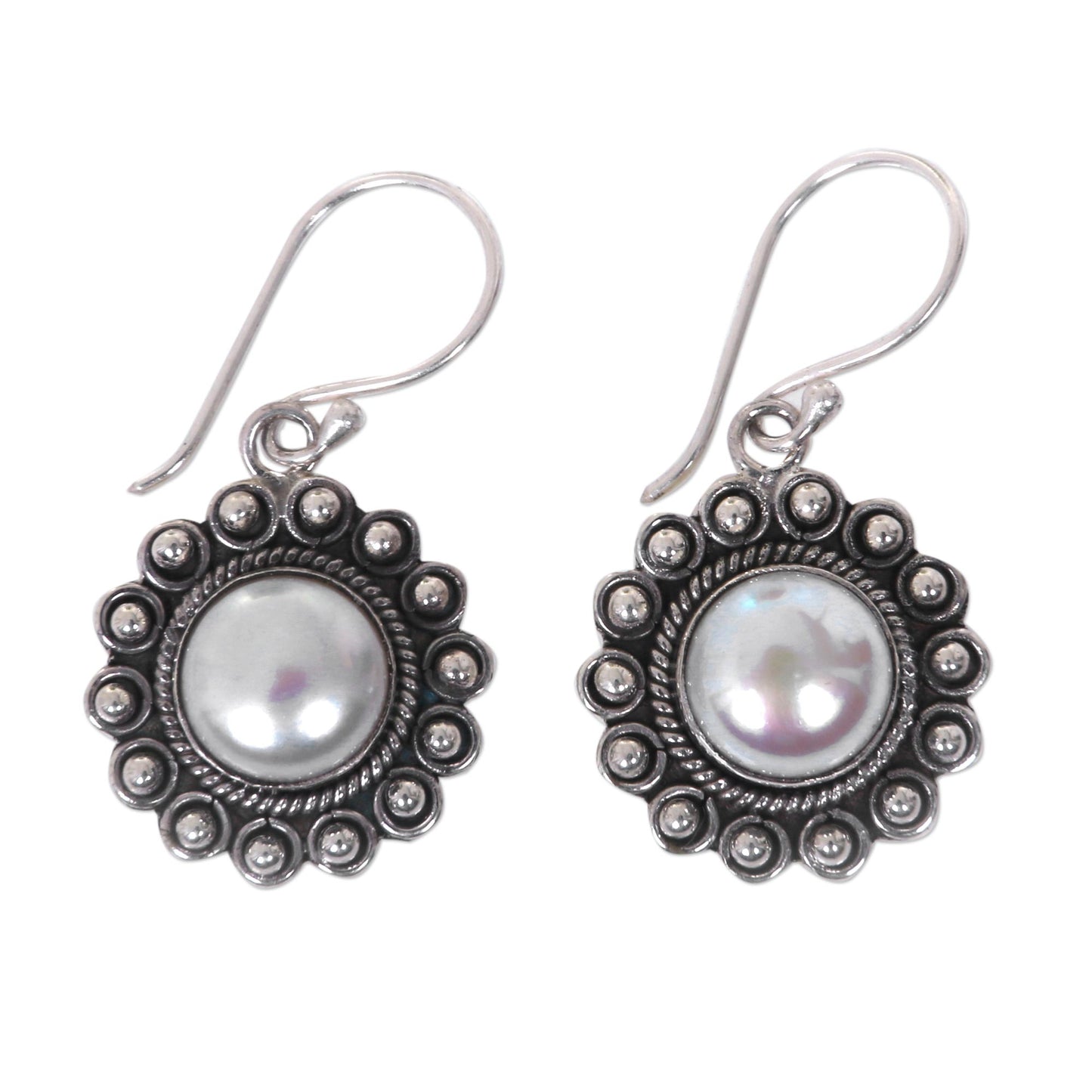 Strong Sun Hand-Crafted Cultured Pearl and Silver Earrings Sun Shaped