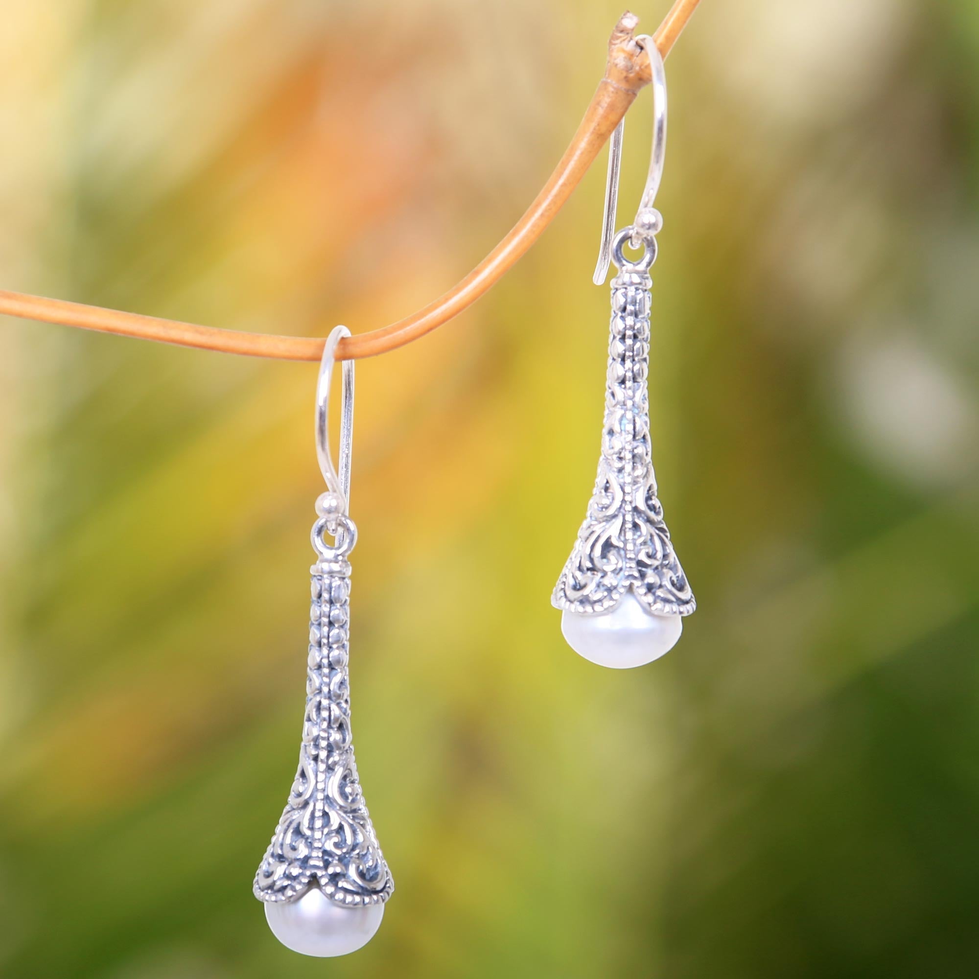 Novica White Honeysuckle Silver 925 Elongated Balinese Earrings with Cultured Pearl