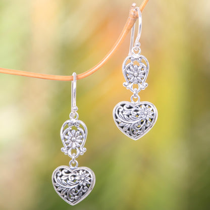 Blooming Hearts Heart-Shaped Sterling Silver Dangle Earrings from Bali